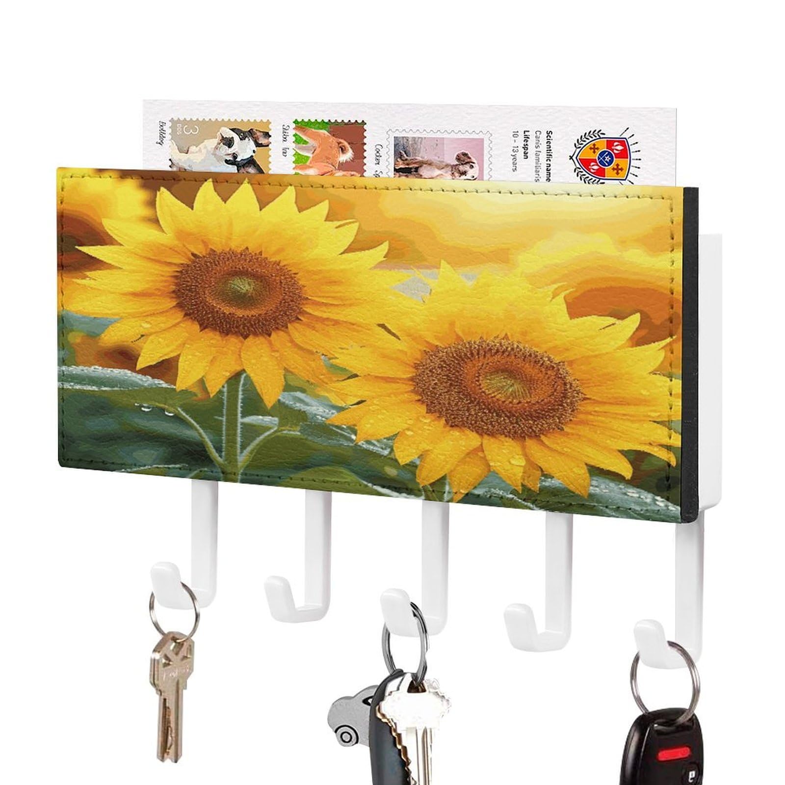 LDGSUPH Sunflower Flowers Key Holder Wall Mount Key Hanger with 5 Hooks Fashion Key Organizer Rack Hanging Key Hooks with Mail Organizer Key Rack for Home Entryway Hallway White-Style