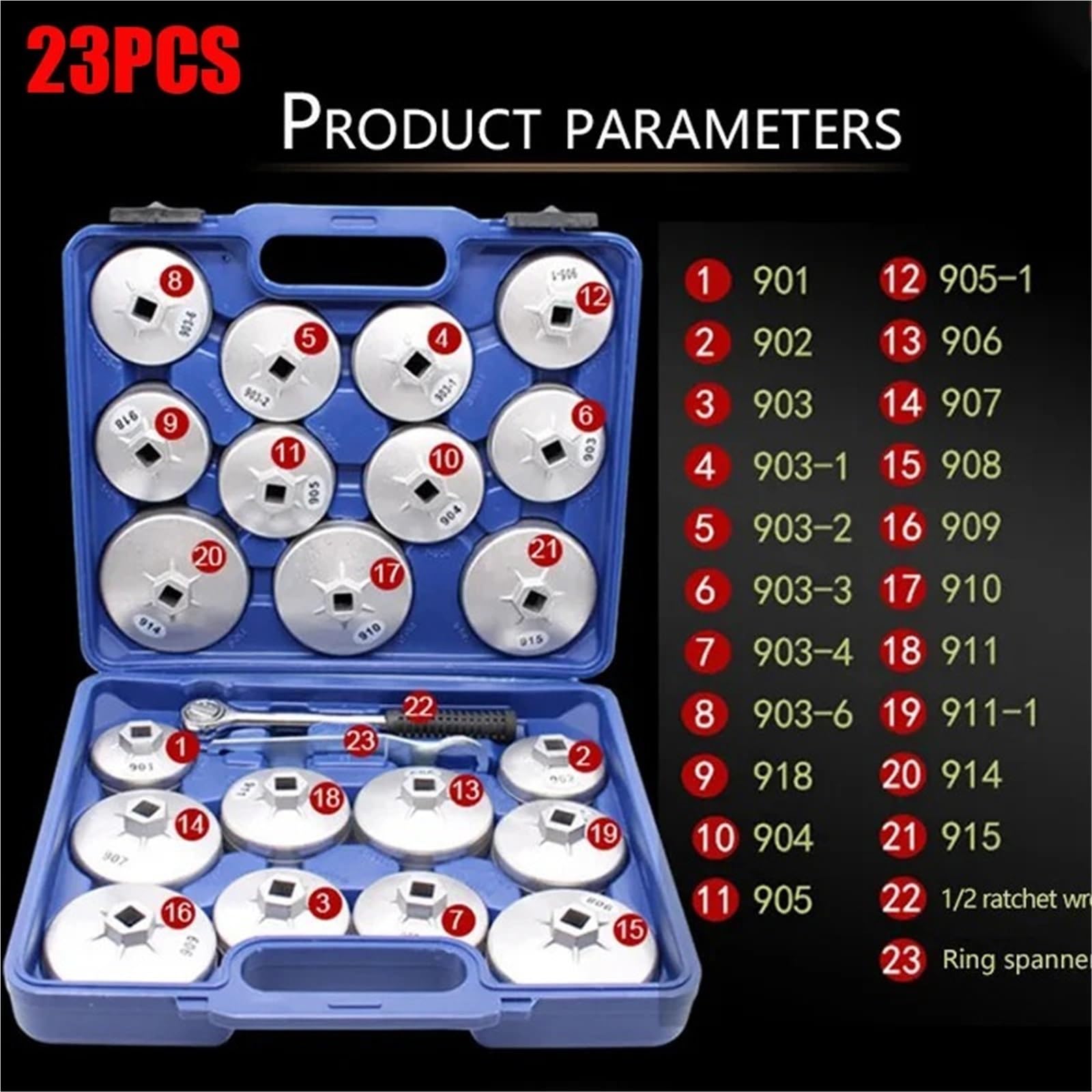 Zestaw 23 kluczy nasadowych do demontażu nasadek filtra oleju samochodowego 1/2" 12,5 mm z grzechotką, ręczny klucz z etui, narzędzie do automatycznego demontażu
