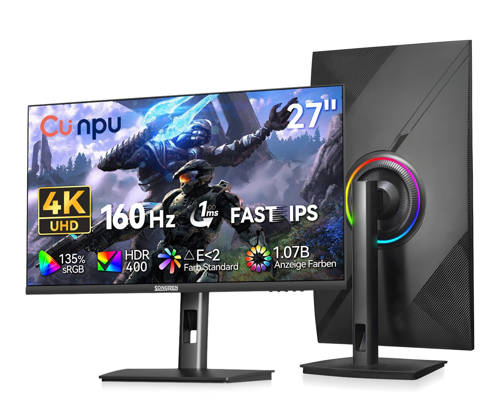 CUNPU 27 Zoll 4K Monitor 160Hz, 100% DCI-P3 100% AdobeRGB,1ms Fast IPS, HDR400, Höhenverstellbar, 135% sRGB, 100% AdobeRGB & DCI-P3, 2X HDMI 2.1 & 2X DP 1.4, DeltaE<2, Augenfreundlich