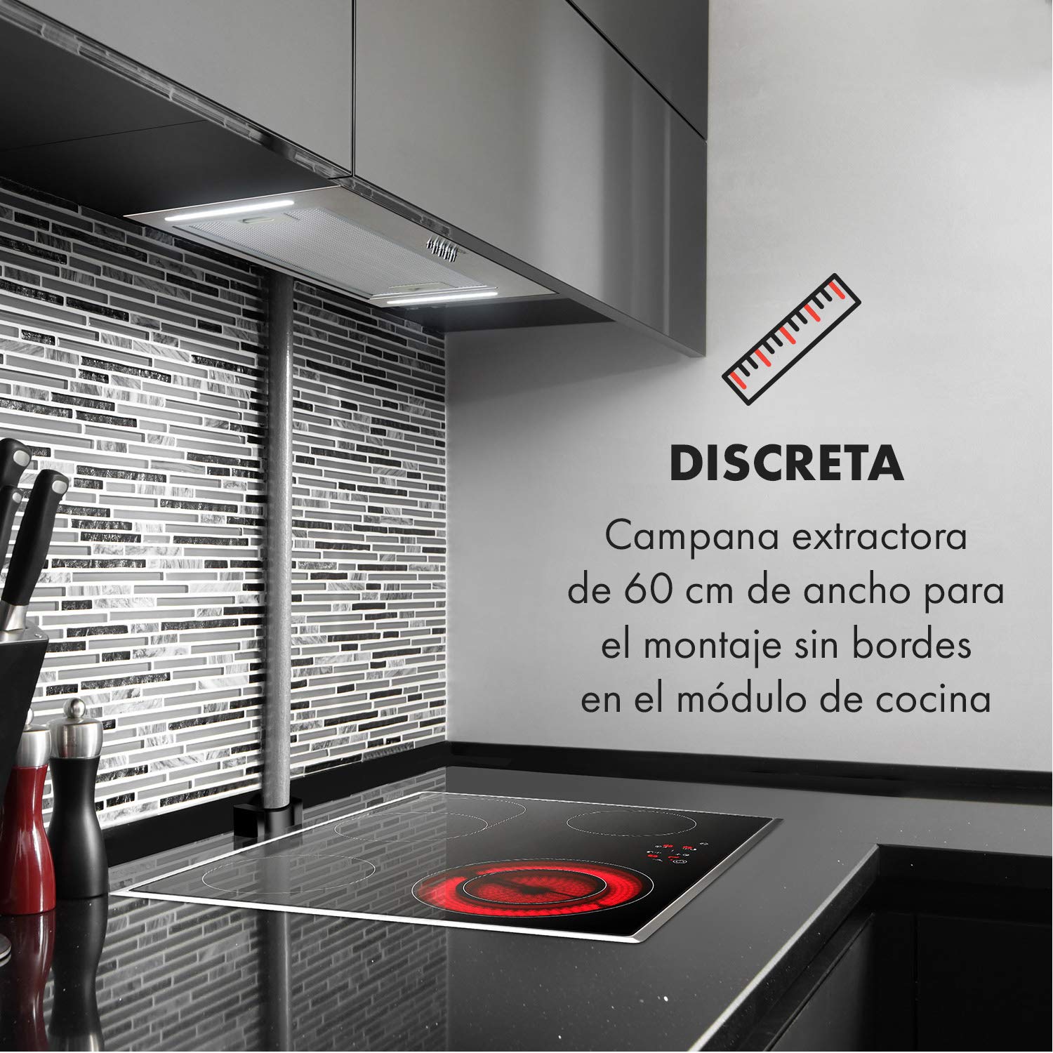 Klarstein Down Under - Campana extractora, Extractor de humos, 60 cm, Absorción de 590 m³/h, 190 W de potencia en 3 niveles, LED, Acero inoxidable, 61 dB, Material de montaje, Plateado