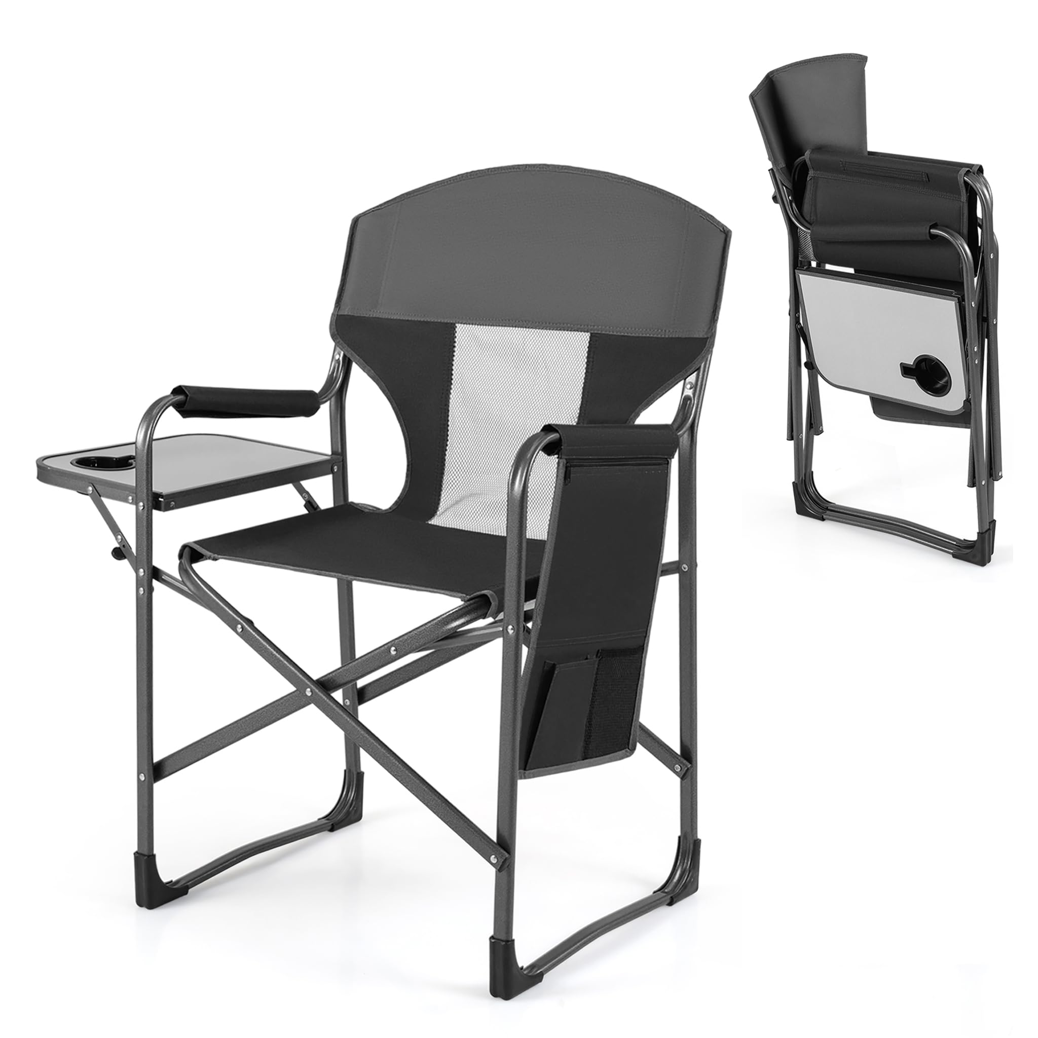 TANGZON Folding Camping Chair, Portable Comfy Directors Chair with Side Table & Cup Holder, Heavy Duty Oversized Seat for Garden Fishing Beach Picnic (Black+Gray, 83 x 50 x 101cm, with Storage Pocket)