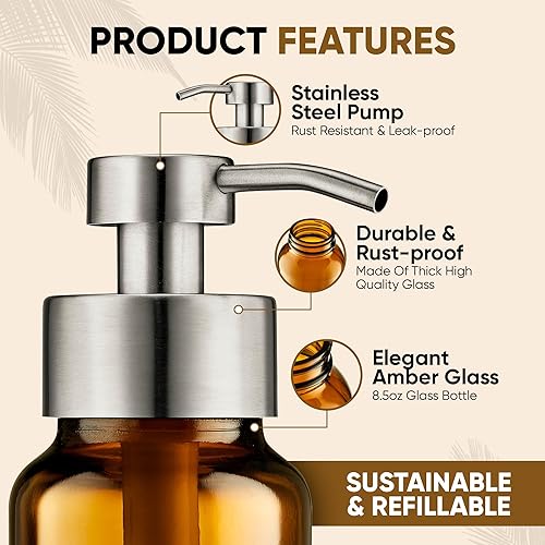 Miniatura 3 de Dispensador de jabón líquido de vidrio ámbar de 8.5 onzas, dispensador de bomba recargable para fregadero de cocina y juego de baño, paquete de 2