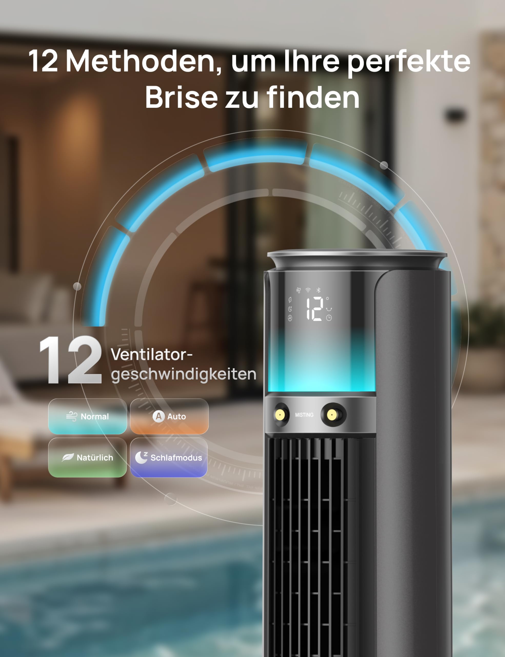 DREO TurboCool Outdoor Nebelventilator 711AS, 10 m/s Leistung, 12 Stufen, 4 Modi, intelligenter Standventilator, 150° Oszillation, 20 dB leise, DC-Motor, wetterfest, für Innen- & Außenbereich