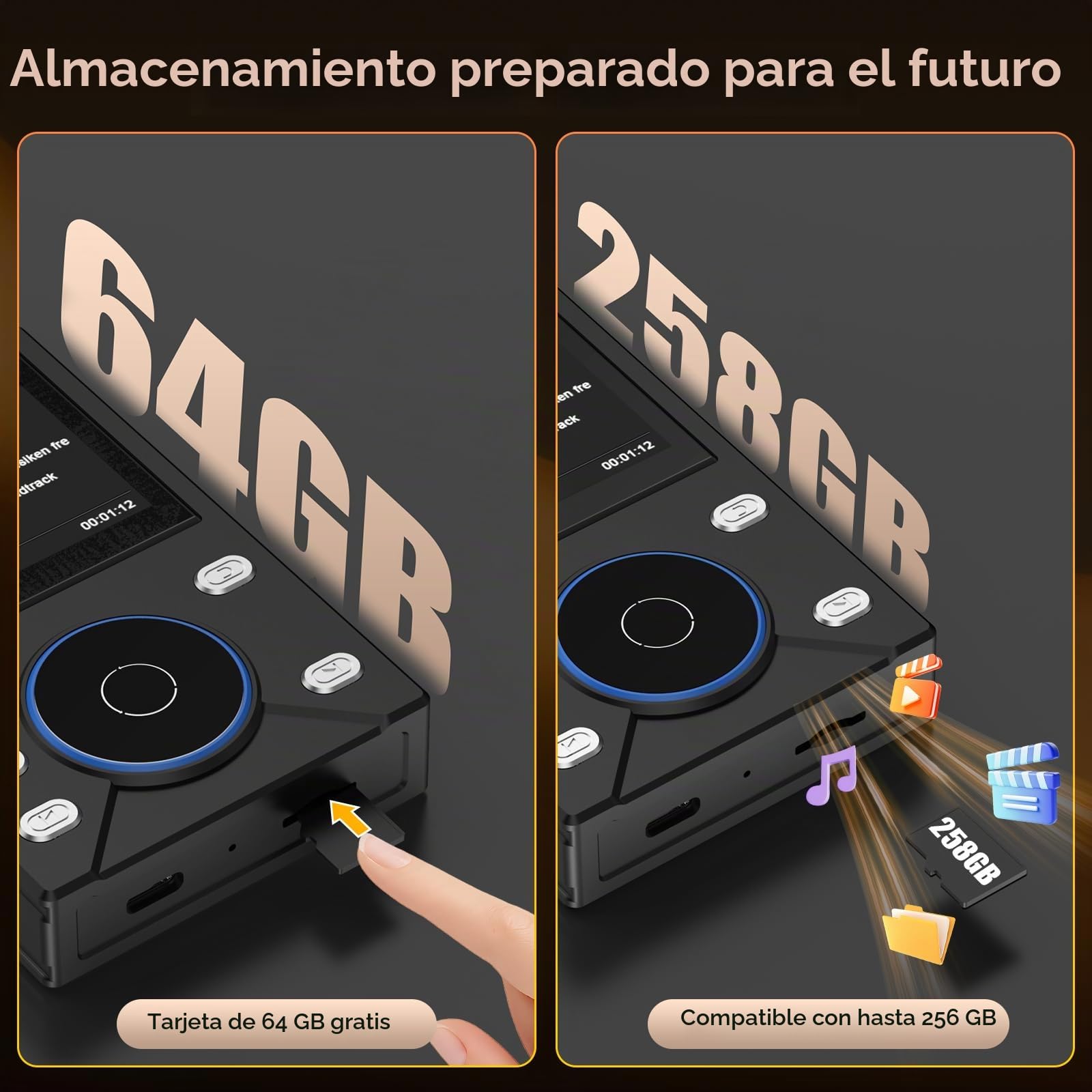 Gueray Reproductor MP3 HiFi 16GB con Bluetooth 5.3 Reproductor de Audio Digital de Alta Resolución sin Pérdidas, Soporta Radio FM Grabadora de Voz Tarjeta de Memoria de 64GB (Ampliable hasta 256GB)