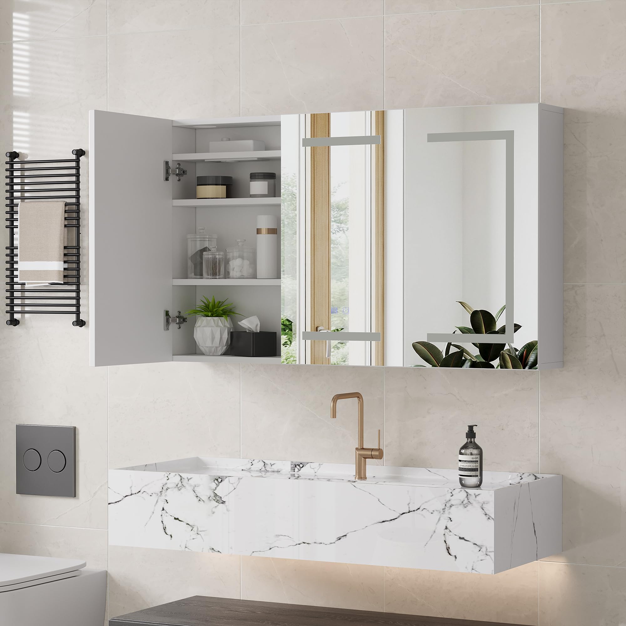 Armario con espejo con iluminación led, gabinete de baño con 3 colores de luz, espejo de baño con almacenamiento y 3 puertas, armario con espejo con estante ajustable (blanco, 2, 100 x 60 cm)