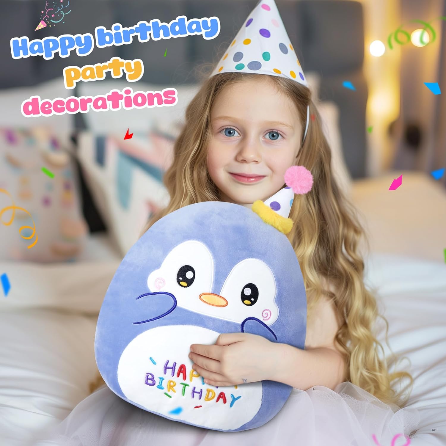 13“ Birthday Penguin Plush Pillow,Penguin Stuffed Animal, Soft Plushies Pillow Toys, Cute Happy Birthday Plush Toy Gifts for Kids Party Decor