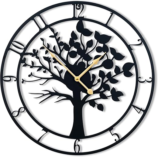 16 Inch Large Metal Wall Clock，Tree of Life Large Wall Clocks for Living Room Decor,Bedroom,Battery Operated,Black,Decorative Analog,Silent,Non Ticking Big Wall Clock(Tree of Life, 16 inches)