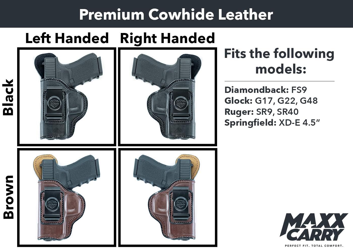 Maxx Carry IWB Leather Gun Holster Compatible with Glock 17, 22, 48 9 mm | Ruger SR9, SR40 |Springfield XDE 4.5 inch | Diamondback FS9