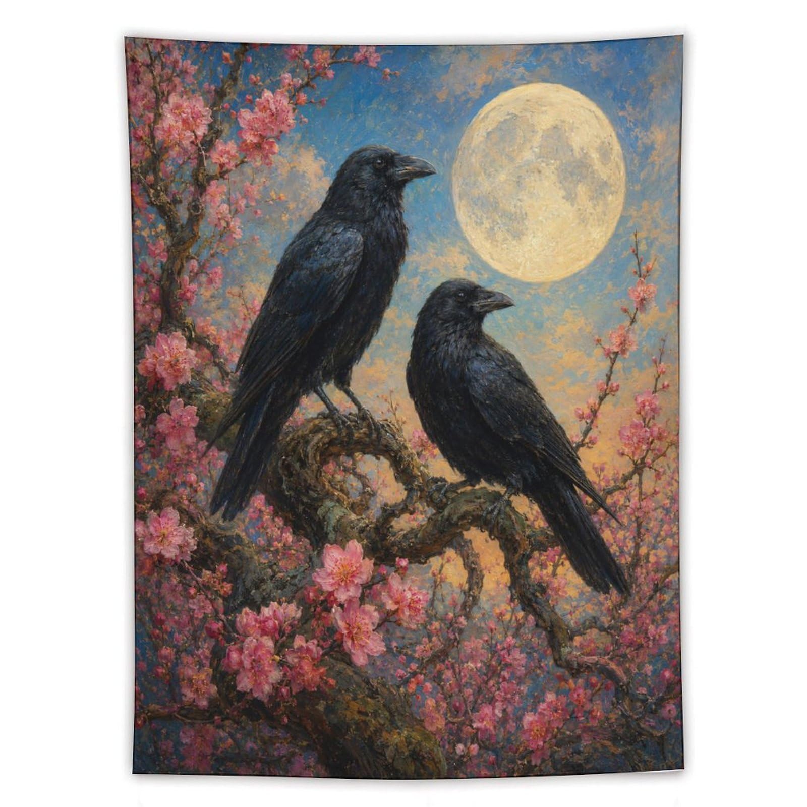 H3B8U2Y5 Ravens Under Moon Wall Tapestry, Ukiyo-e, Moonlit Stage