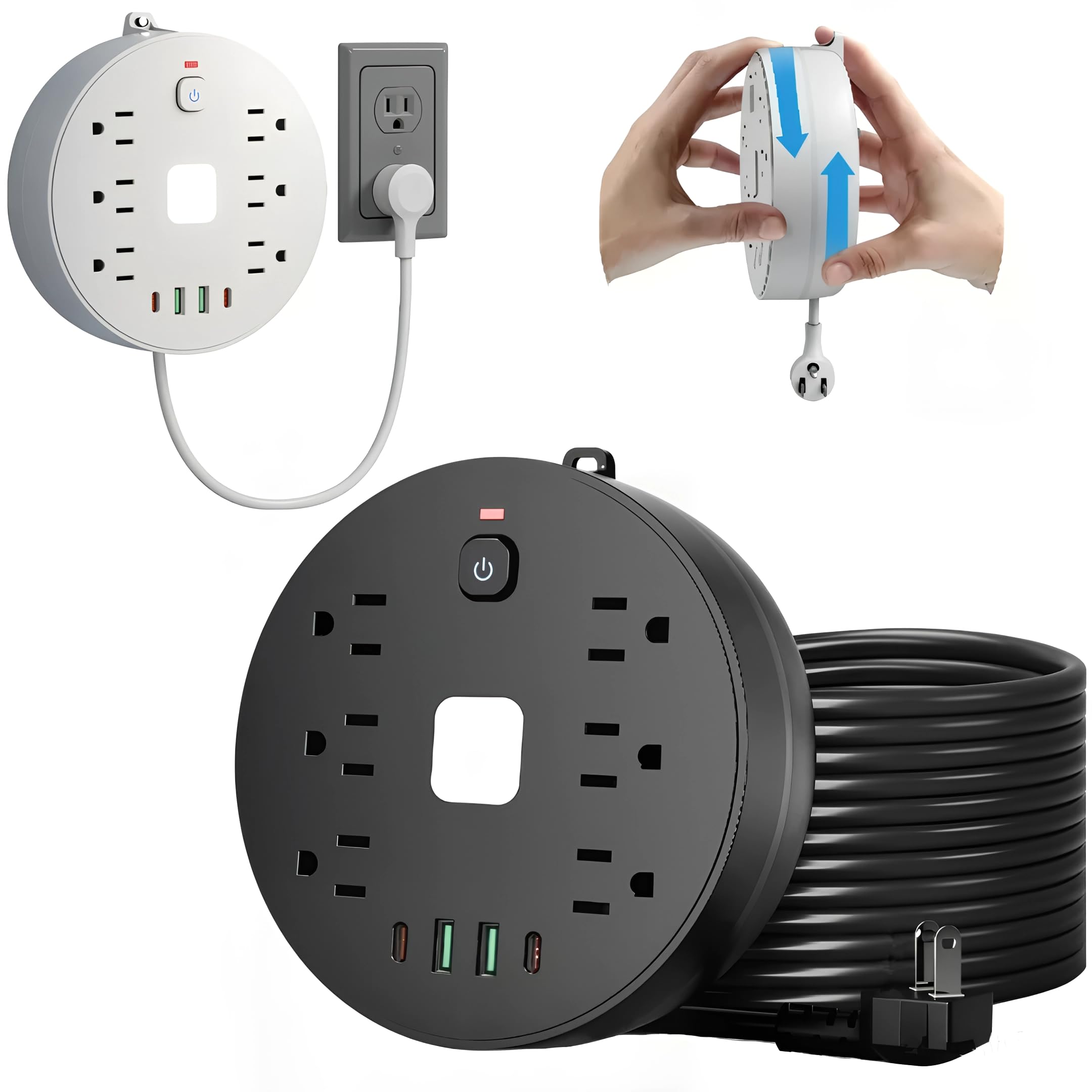 電源タップ 雷ガード USB コンセント マルチタップ 10個口 6個AC口 2個USB-C 2個USB-A 延長コード 2m LEDライト タイプc ACアダプター 携帯便利 一括スイッチ 省エネ 円型 壁掛け/卓上に オフィス/旅行/家庭用 ブラック