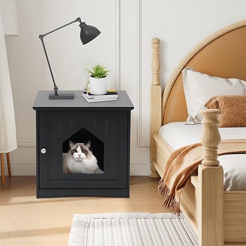 Vista 4 de Tangkula Caja de arena para gatos, muebles ocultos, mesita de noche para mascotas con puerta magnética, baño interior para gatos (negro)