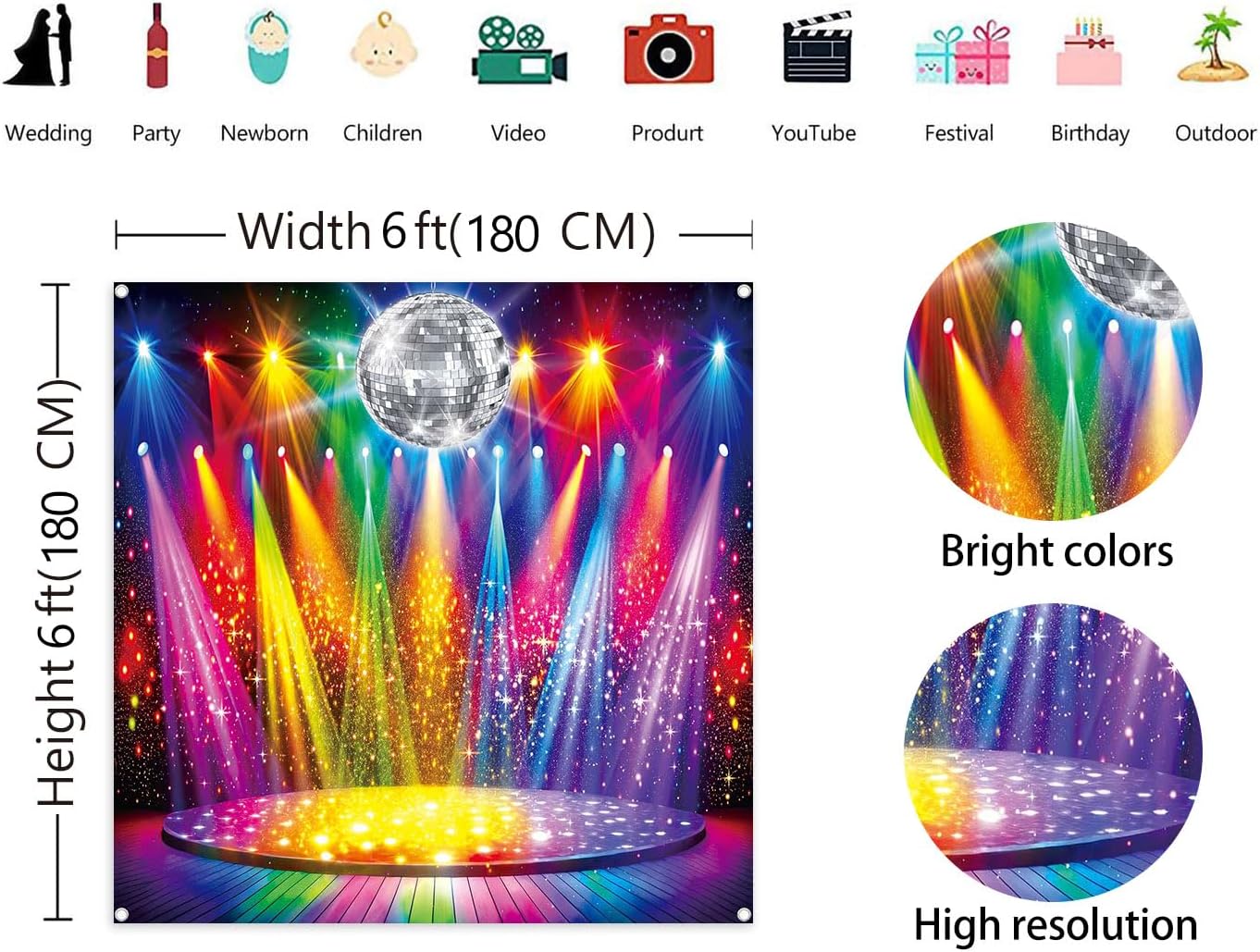 Disco Rainbow Stage Backdrop Glow Neon Dance Photography Background 1980s Disco Colorful Music Stage Party Decoration Banner Photo Supplies (72x72 inch(6x6FT))
