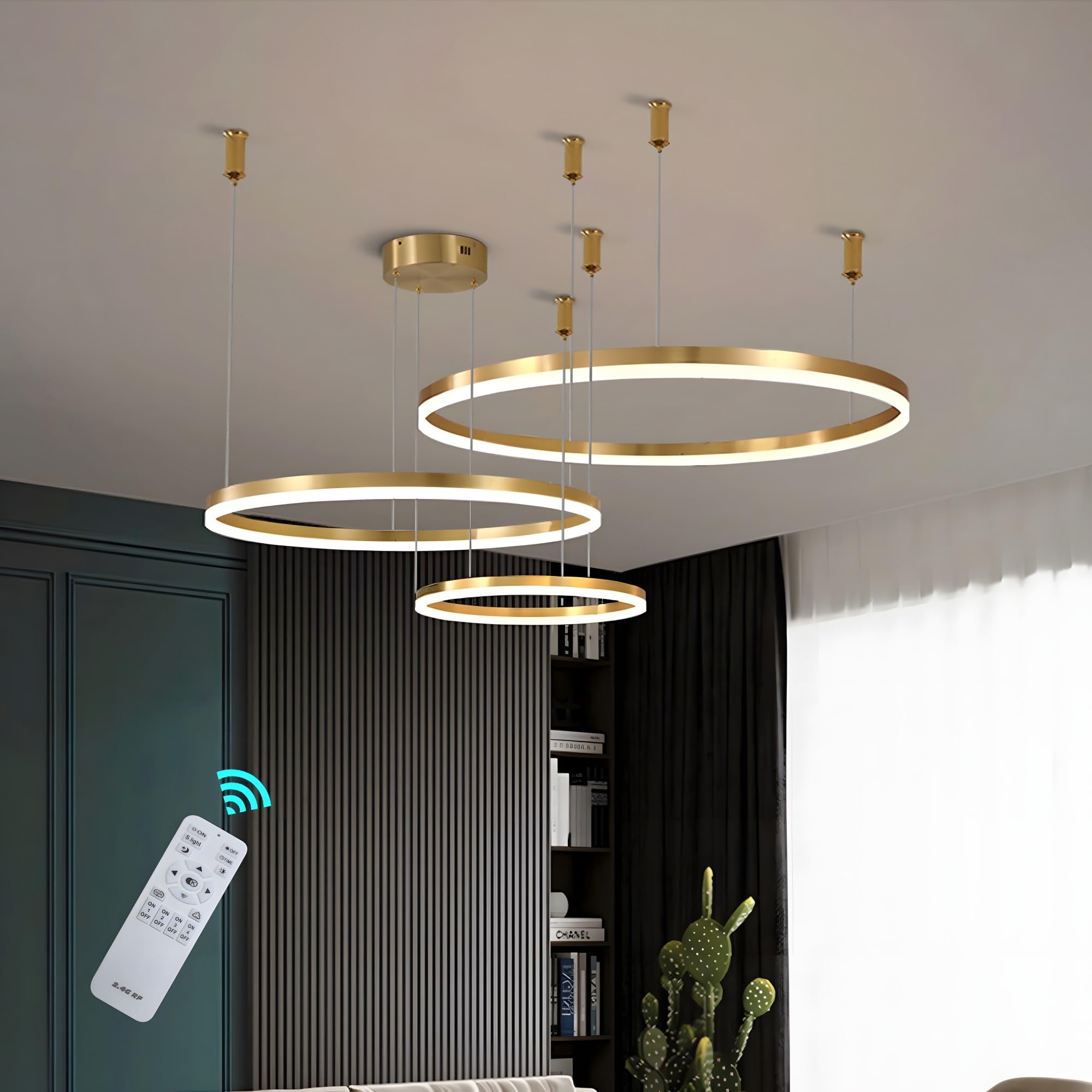 BEHWU LED Chandelier, Modern Circular LED Pendant Light with Remote Control, Dimmable Ring Pendant Lights for Kitchen Island, Living Room, Dining Room (Color : Gold, Size : 3 Ring 40+60+80cm)