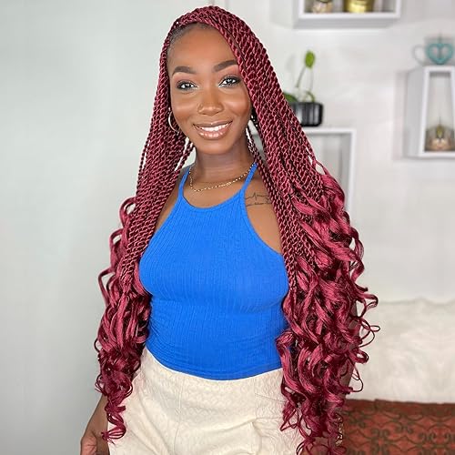 Miniatura 5 de Cabello senegalés de ganchillo de 24 pulgadas, 9 paquetes de rizos franceses torcidos burdeos, 108 hebras, trenzas de ganchillo, extensiones de