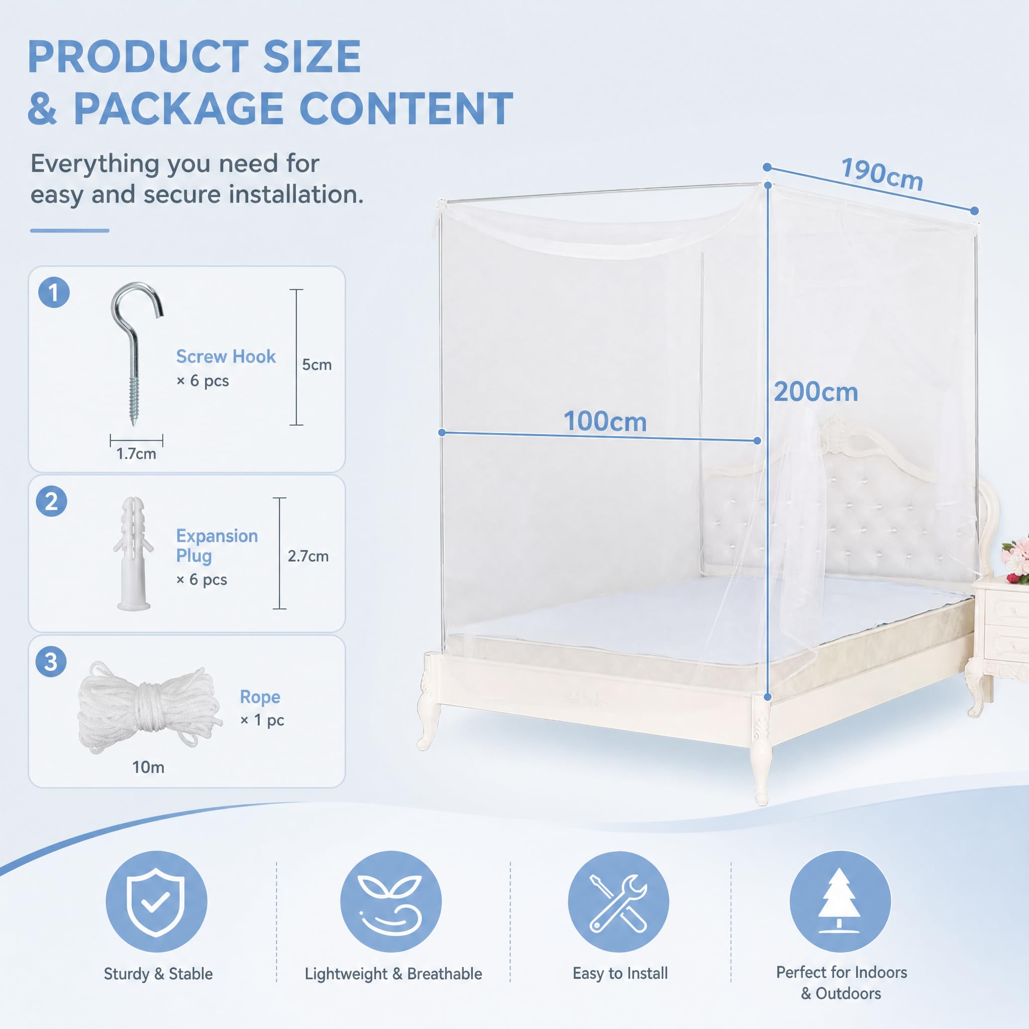 BUZIFU Zanzariera Letto Singolo Zanzariera Lettino da Campeggio con Kit Completo per la Sospensione Zanzariera Quadrata per Interni ed Esterni (200 * 100 * 190CM)