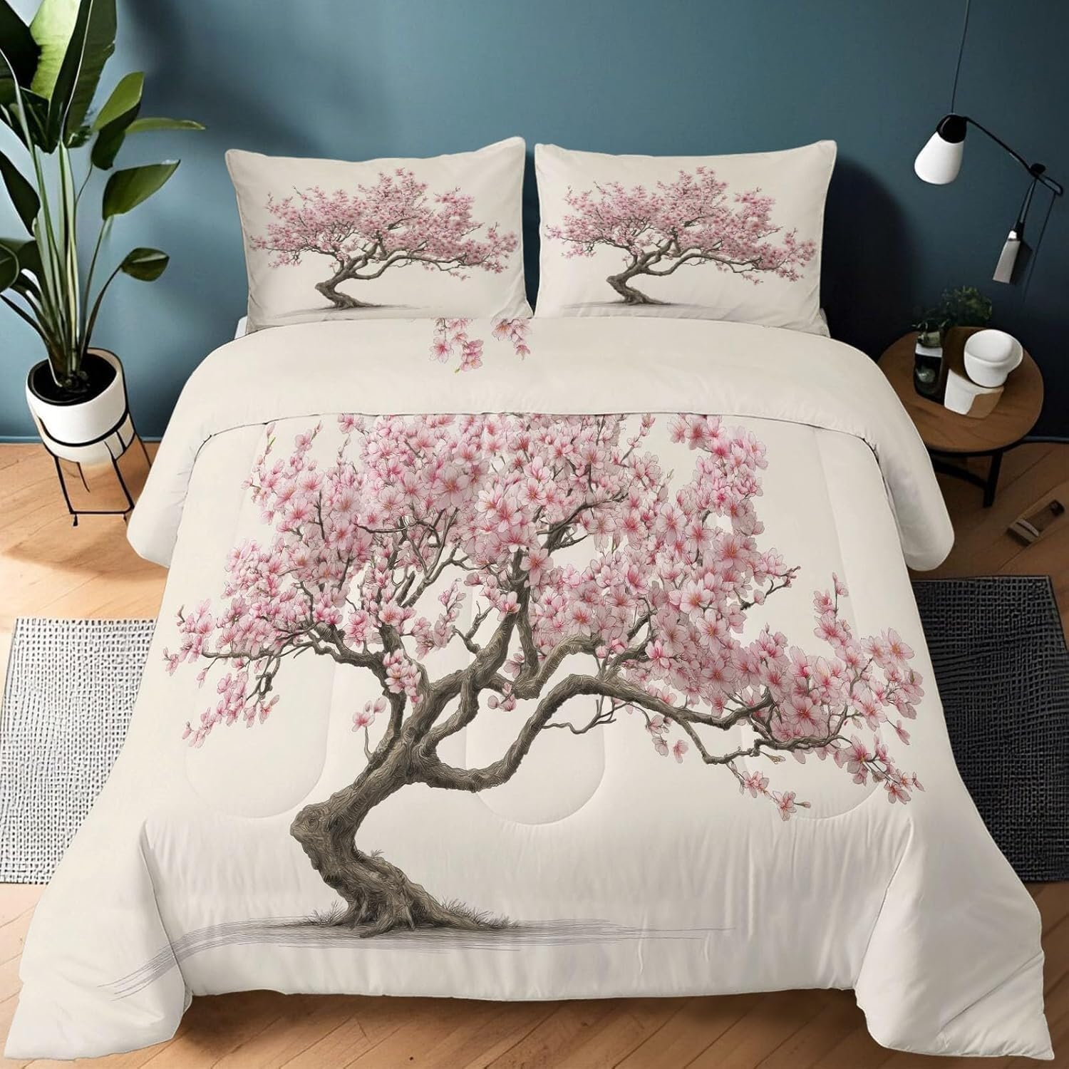 Couette 240x260 chaude cerisier en fleurs lavable avec 2 taies d'oreiller