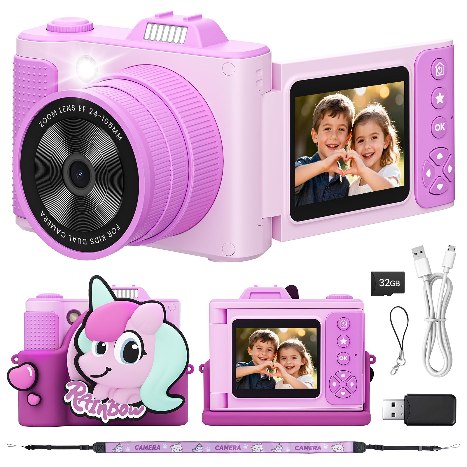 Myvia Kids Camera, Christmas Birthday Gifts for Boys Girls Age 3-12,Upgrade HD Flip Digital Video Cameras for Kids, Portable Toys for 3 4 5 6 7 8 9 10