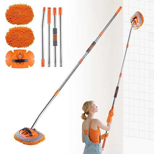 Wall Cleaner Mop with 56.3” Long Handle,15°Labor-Saving Elbow,Multi-Surface Duster for