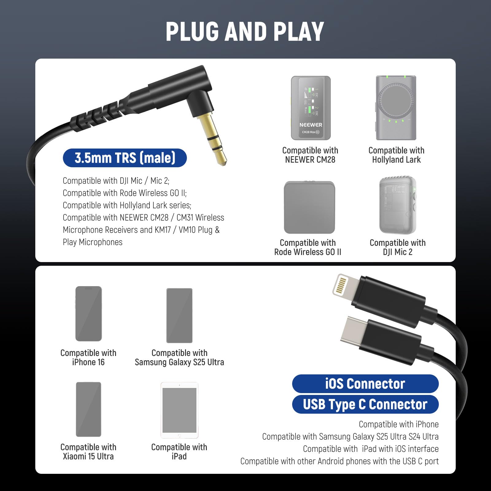 NEEWER 2 Pack Audio Cable Set, Male to Male 3.5mm TRS to USB C + 3.5mm TRS to iOS - Image 3