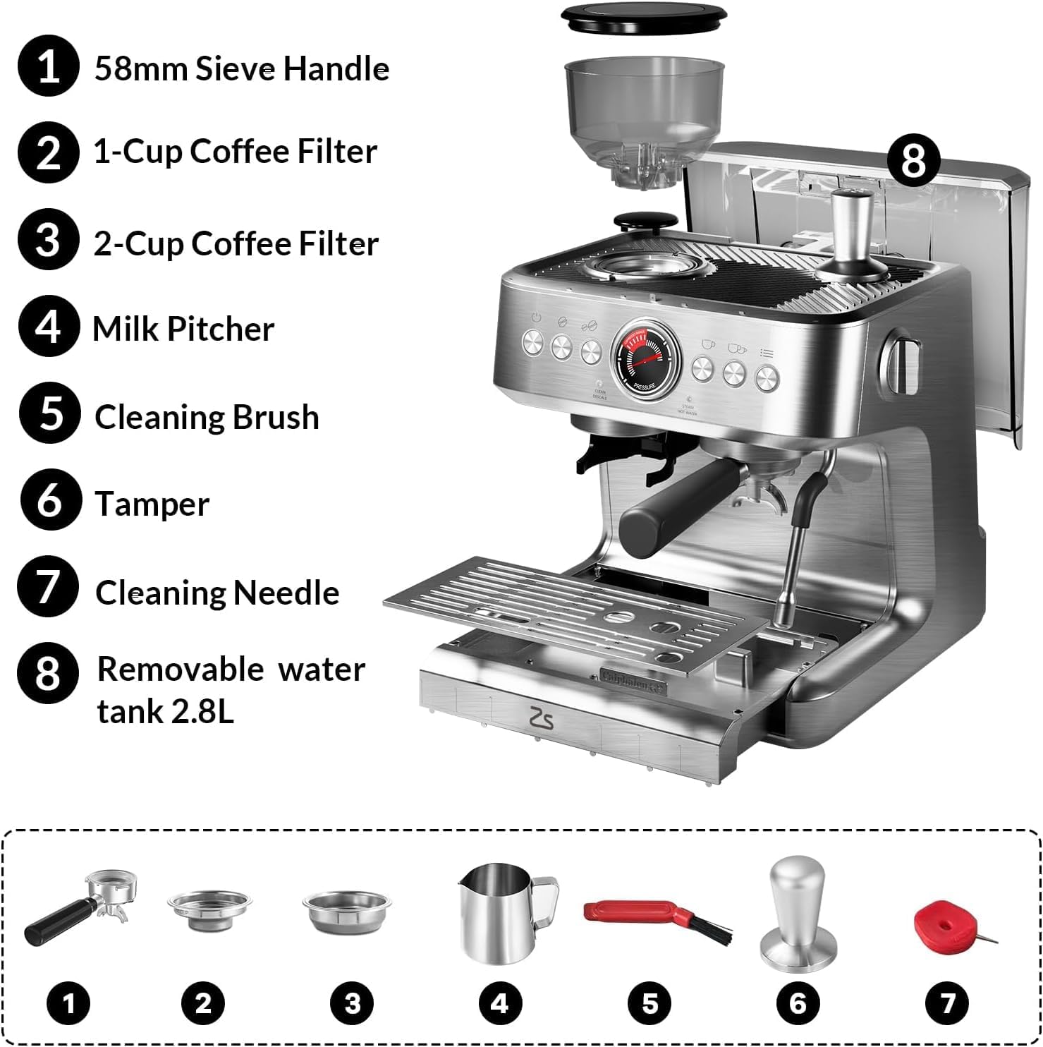 Semi-Automatic Espresso Machine, 20 Bar Coffee Maker with 30 Grinding Setting, Espresso Maker with Grinder, Milk Frother, Steam Wand & Removable Water Tank, Espresso Latte Cappuccino Maker