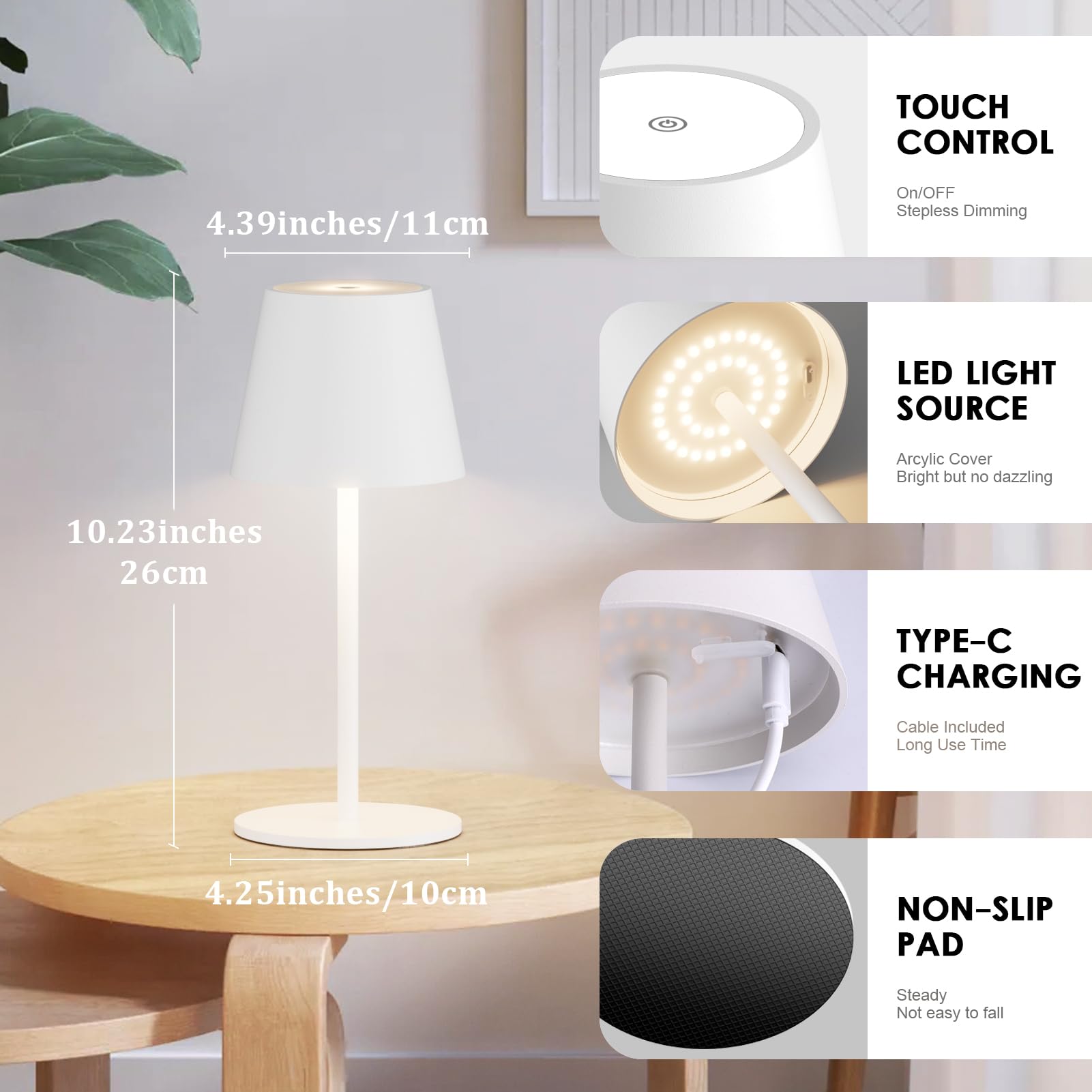 2 pezzi lampade da tavolo LED a batteria dimmerabile, 26cm, lampada da campeggio 5000mAh, batteria ricaricabile, 3W 3000K, lampada da tavolo da esterno IP54 per camera da letto (Bianco)