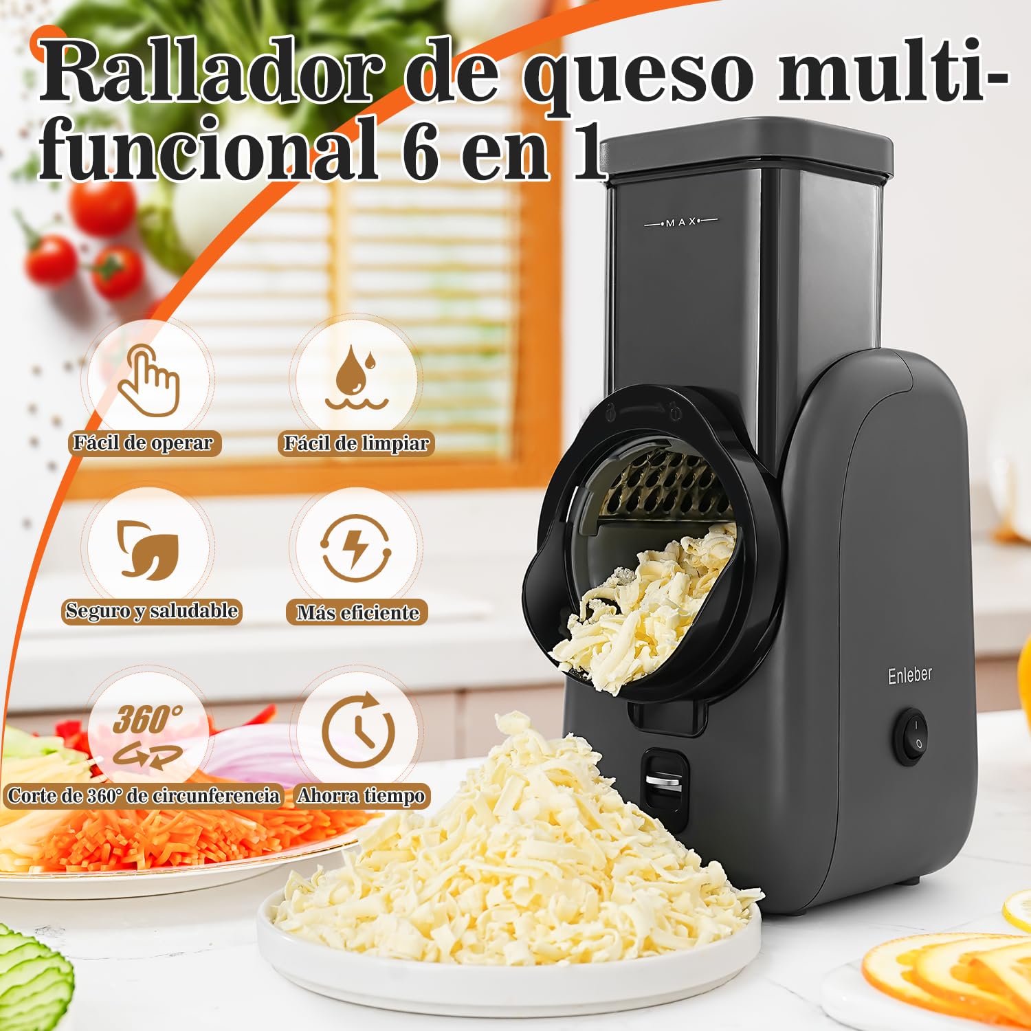 Rallador Eléctrico de Queso, Verduras y Fruta, Cortador Eléctrico, para Zanahorias, Pepino, Manzanas, Nueces Gris-Negro