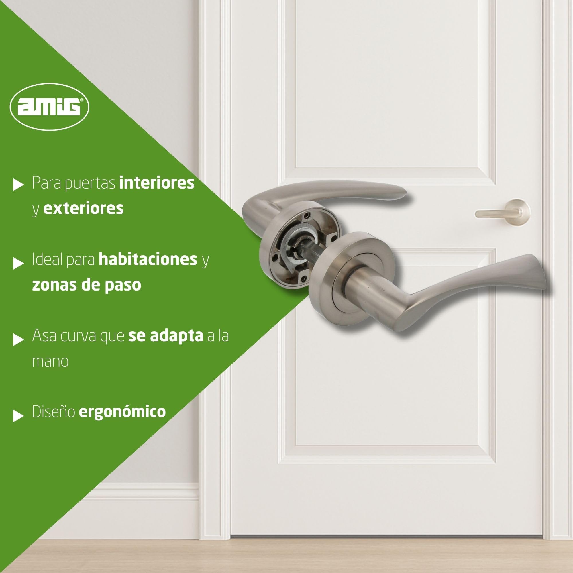 Amig - Pack de 4 Juegos de 2 Manillas Plateadas de Roseta Redonda - Con Tirador de Zamak con - Acabado Cromado Mate - Para Puertas de Paso de Interior - Diámetro Roseta Ø52 mm - Incluye Tornillos