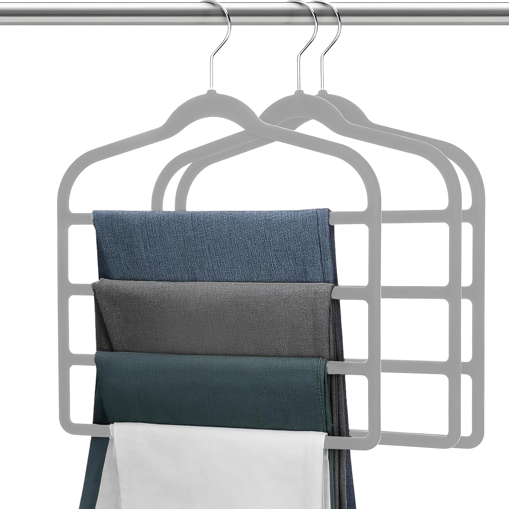 Evokk Grey 4-Layer Non-Slip Velvet Trouser Hangers - Space Saving Organisers For Pants, Jeans, Scarves & Towels With Rotating Hook (Grey)