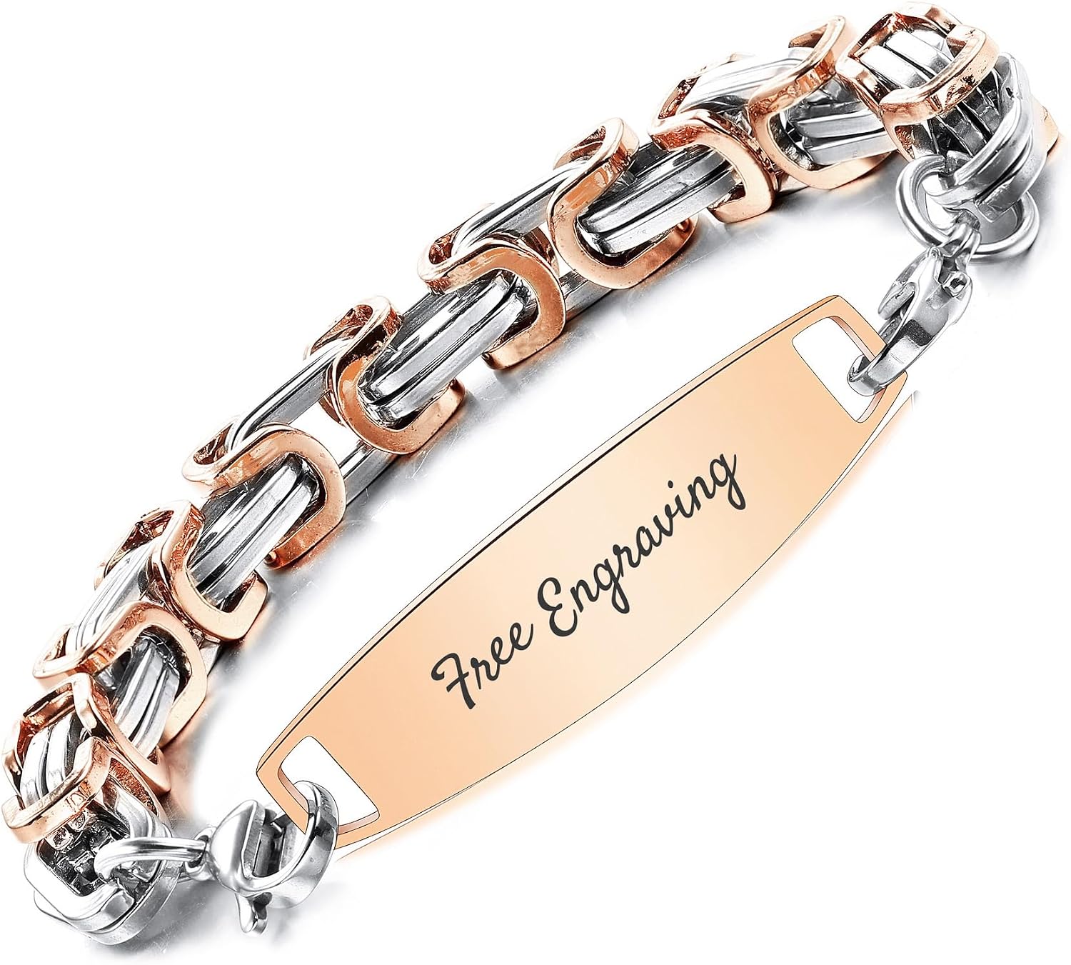 Custom ID Bracelets for Men/Women Stainless Steel Link Bracelet with Engraving Name/Date/Text Personalized Engraved Silver/Gold/Rosegold/Black Name Plate Bracelets with 6.5-8.7 Inches Chain