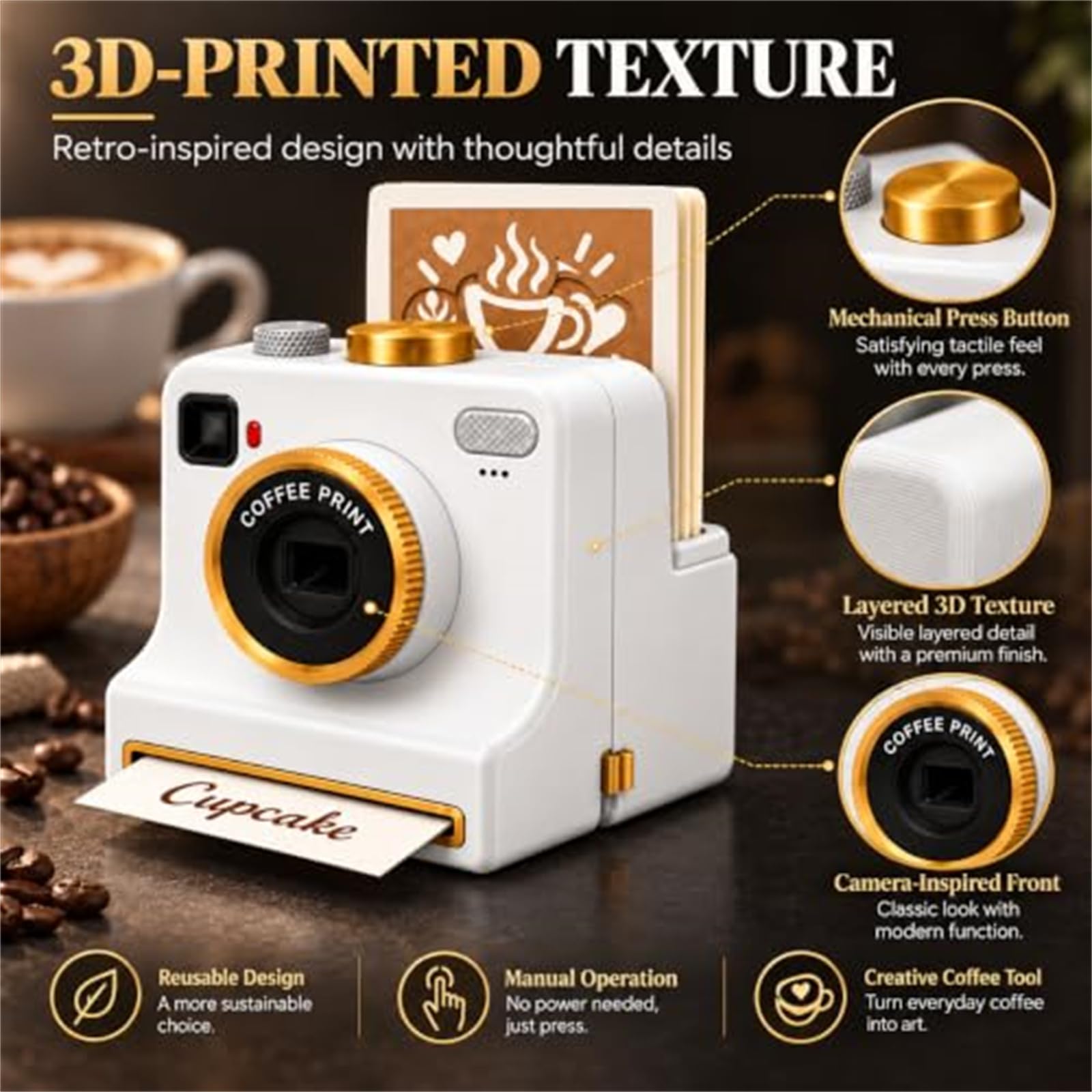 3D-gedruckte Latte-Art-Kamera, inklusive 12 Latte-Art-Karten (weiß) (D)