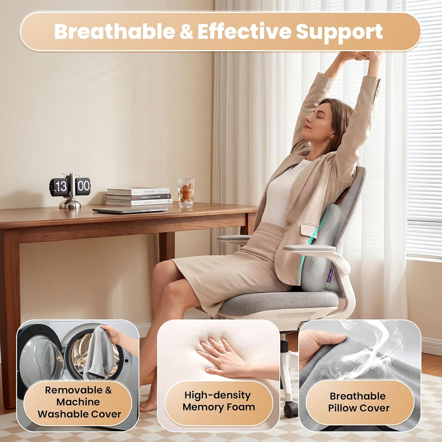 ZZ-WELL Lumbar Support Pillow for Office Chair - Ergonomic Back Support Cushion for Mid Lower Back Pain Relief, Posture Improved - Adjustable Straps, Breathable & Removable Cover (Grey)