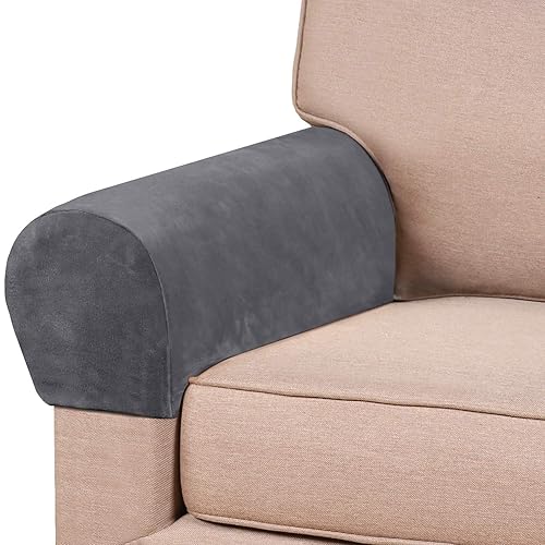 PrinceDeco 2 Pack Thick Velvet Stretch Armrest Covers for Chairs