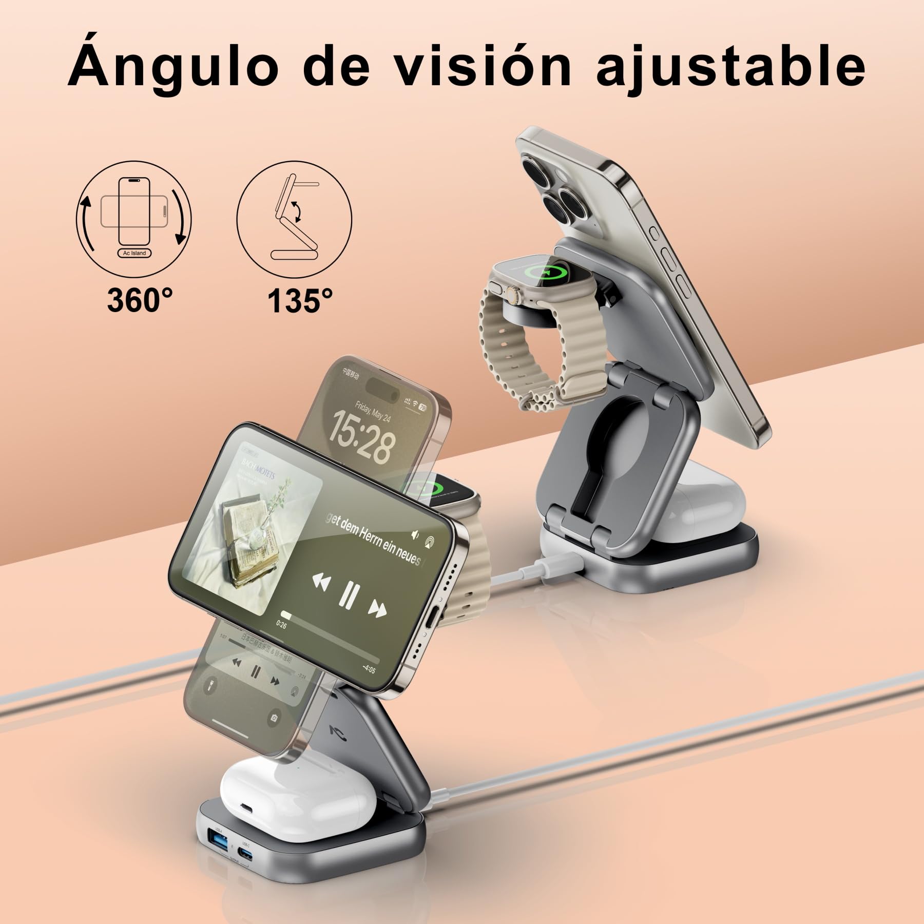AC Island 2025 Cargador mag-Safe, Cargador inalámbrico 5 en 1 para iPhone, Estación de Carga Plegable para Viajes, Compatible con Las Series iPhone 17/16/15/14/13/12, Apple Watch y AirPods Pro(Gris)