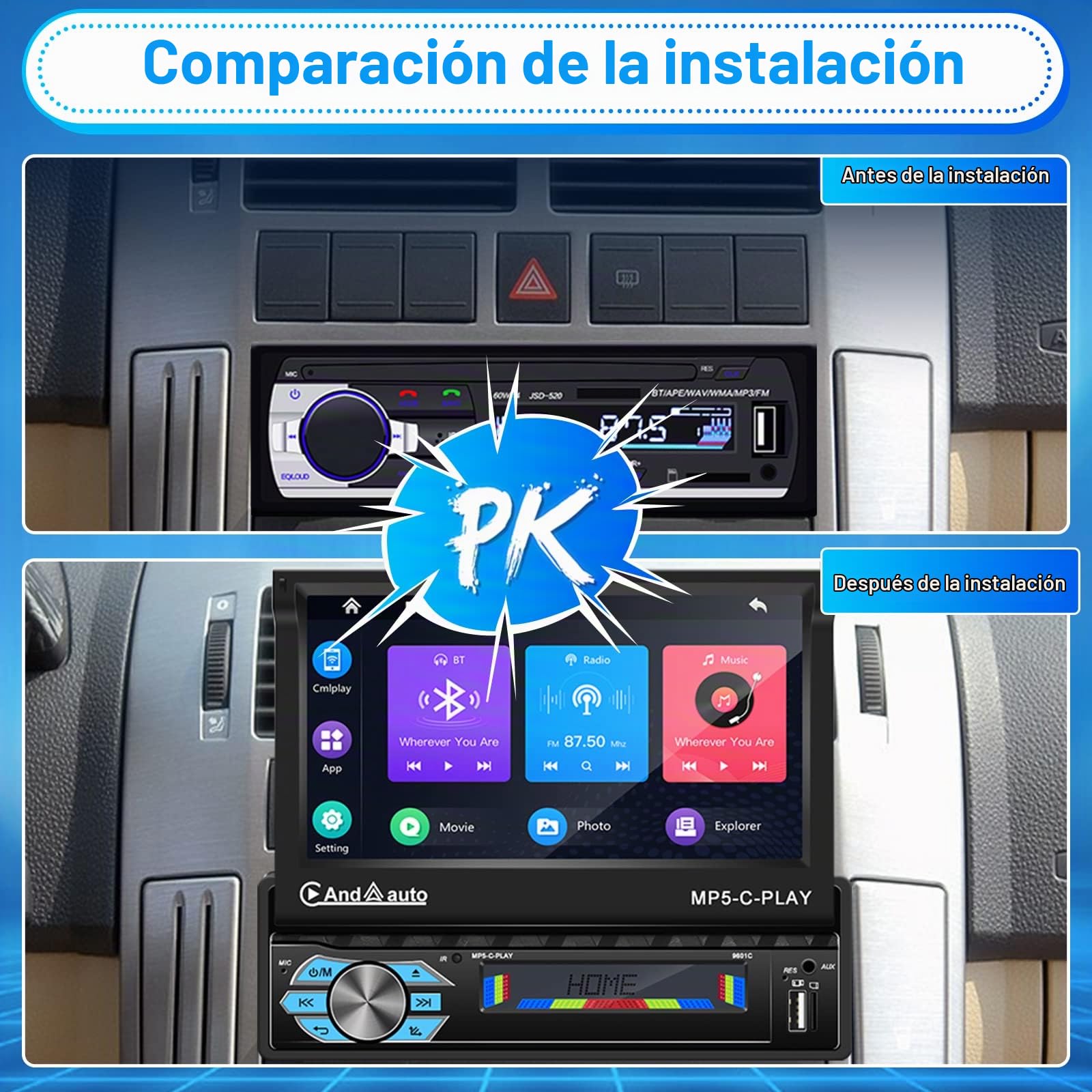 Hikity Radio Coche 1 Din Carplay con Pantalla Táctil Extensible Automática de 7pulgadas Radio de Coche Autoradio con Bluetooth Manos Libres Mirror Link Android Auto USB FM AUX Cámara de Visión Trasera
