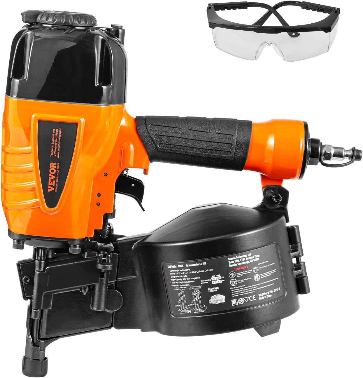 VEVOR Coil Siding Nailer CN65, 1-1/4" to 2-1/2" 15 Degree Pneumatic Siding Nail Gun with Tool-Less Depth Adjustment, 70-120PSI Air Coil Nailer for Siding, Pallet Sheathing, Wooding, Fencing, Decking CN65(1-1/4" to 2-1/2")