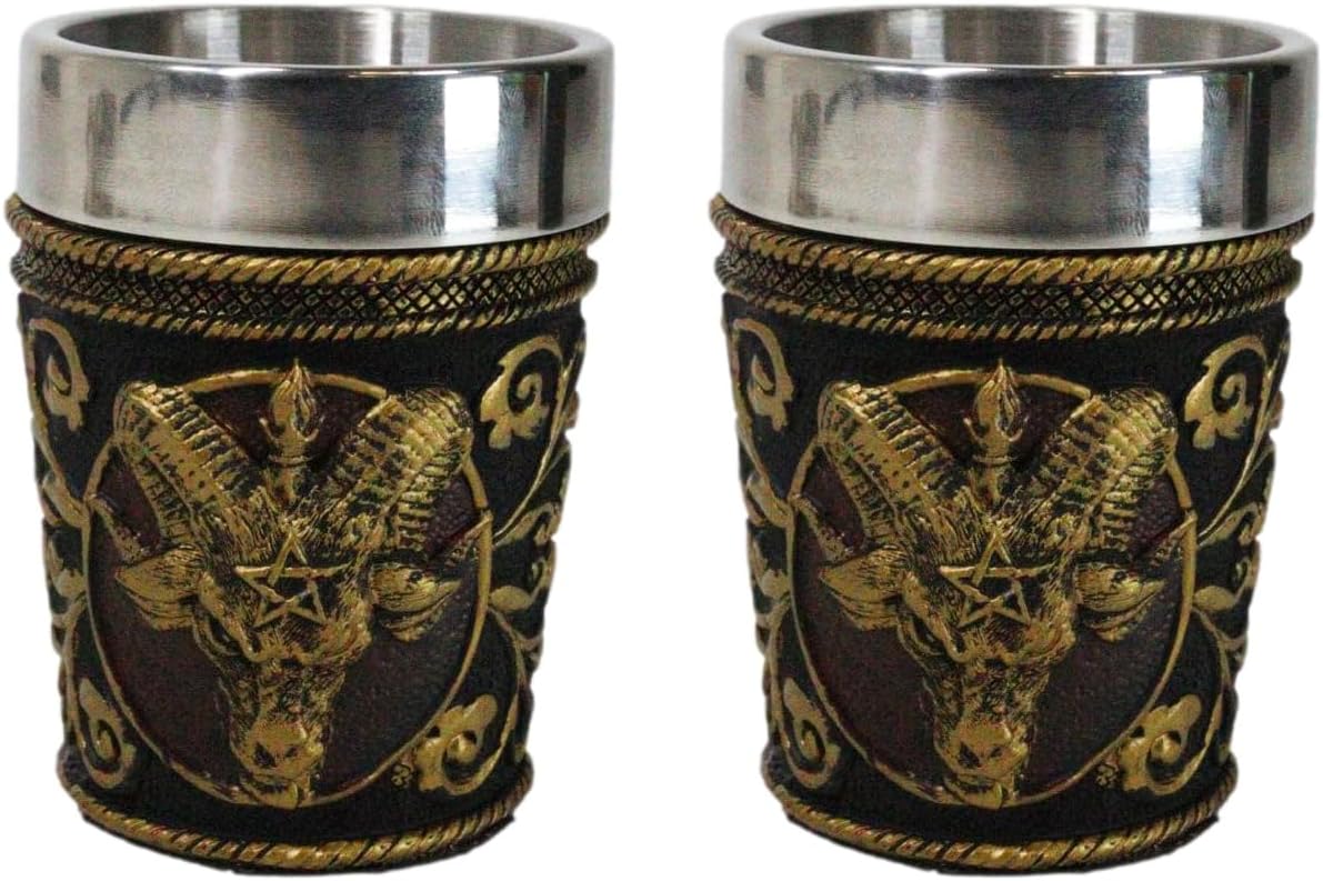 Ebros Gift Set Of 2 Sabbatic Goat Idol Baphomet With Pentagram Sigil Drinkware Barware Shooter Shot Glasses Halloween Accent Resin With Stainless Steel Cup Liner