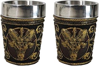 Ebros Gift Set Of 2 Sabbatic Goat Idol Baphomet With Pentagram Sigil Drinkware Barware Shooter Shot Glasses Halloween Accent Resin With Stainless Steel Cup Liner