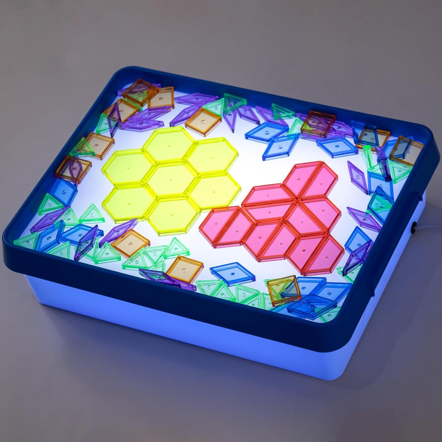Odoorgames Light Box with Pattern Blocks & Cards Set – Light Table for Kids, Educational Toys for Tracing, Sensory Play & Early Learning (Blue)