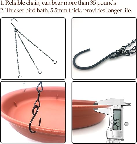 Miniatura 4 de Comedero colgante para pájaros para exteriores, 12 pulgadas de diámetro x 2.25 pulgadas, bandeja de baño de pájaros rojos de ladrillo profundo,