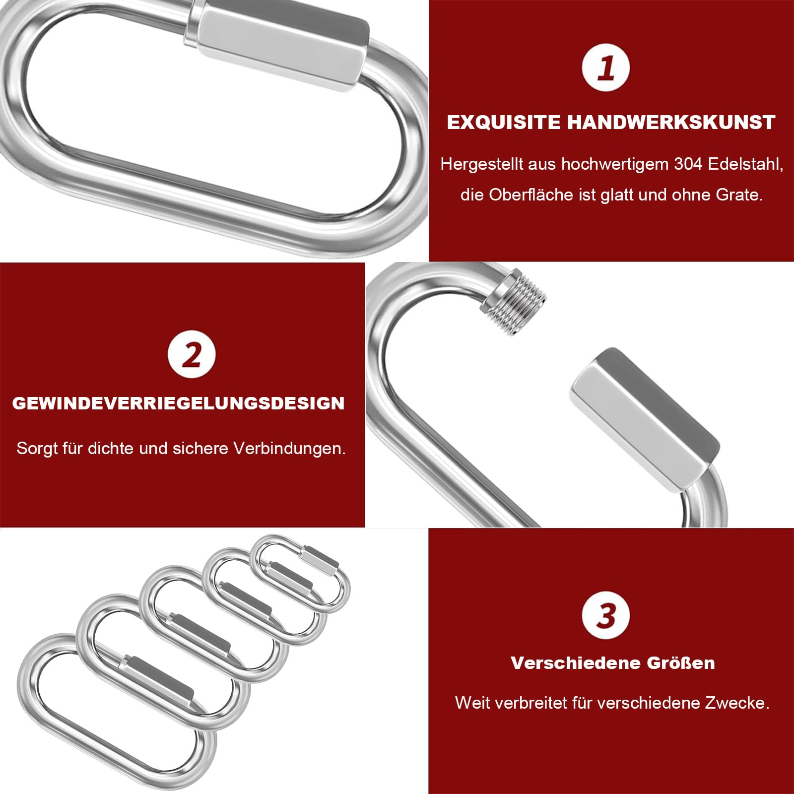 ORTAVA 4 moschettoni a vite, moschettone in acciaio inox, per esterni, altalena, campeggio ed escursionismo, catena in acciaio inox A2 V2