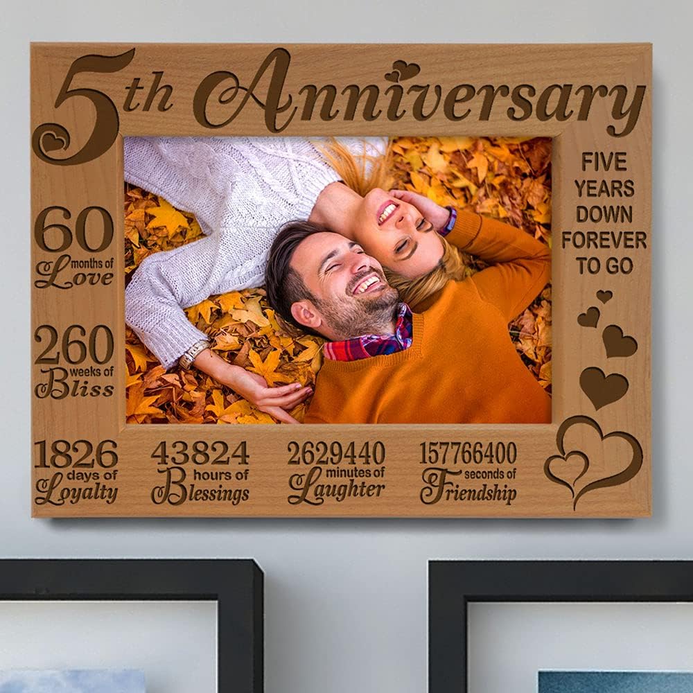KATE POSH 5th Anniversary Engraved Natural Wood Picture Frame and Gifts, 5th Wood Wedding Anniversary (5x7-Horizontal)