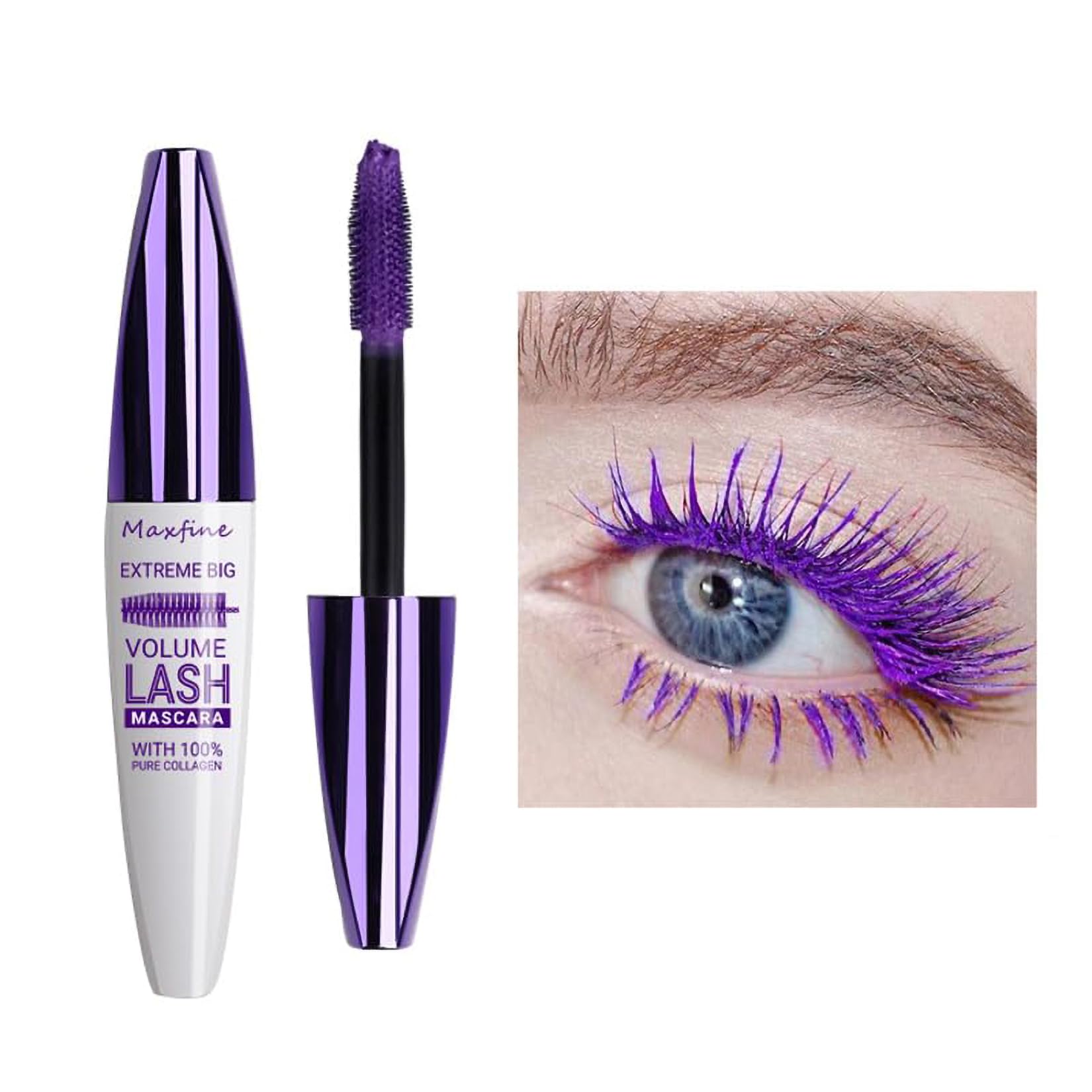 5D Purple Waterproof Mascara and Smudge-Proof Lengthening Formula Hypoallergenic Silk Fiber Mascara for Voluminous, Colorful Eye Makeup for Brown Eyes