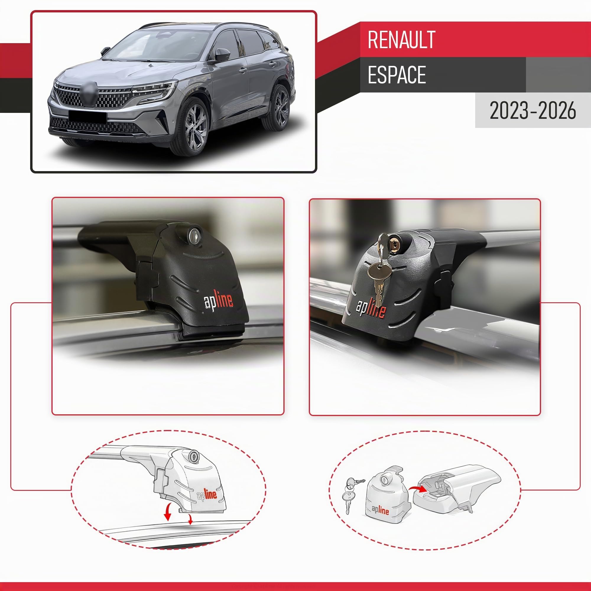 Compatible avec Renault Espace 2023-2026 ACE-2 Modèle Barres de Toit Railing Porte-Bagages de Voiture Aluminium Gris 2 Barres