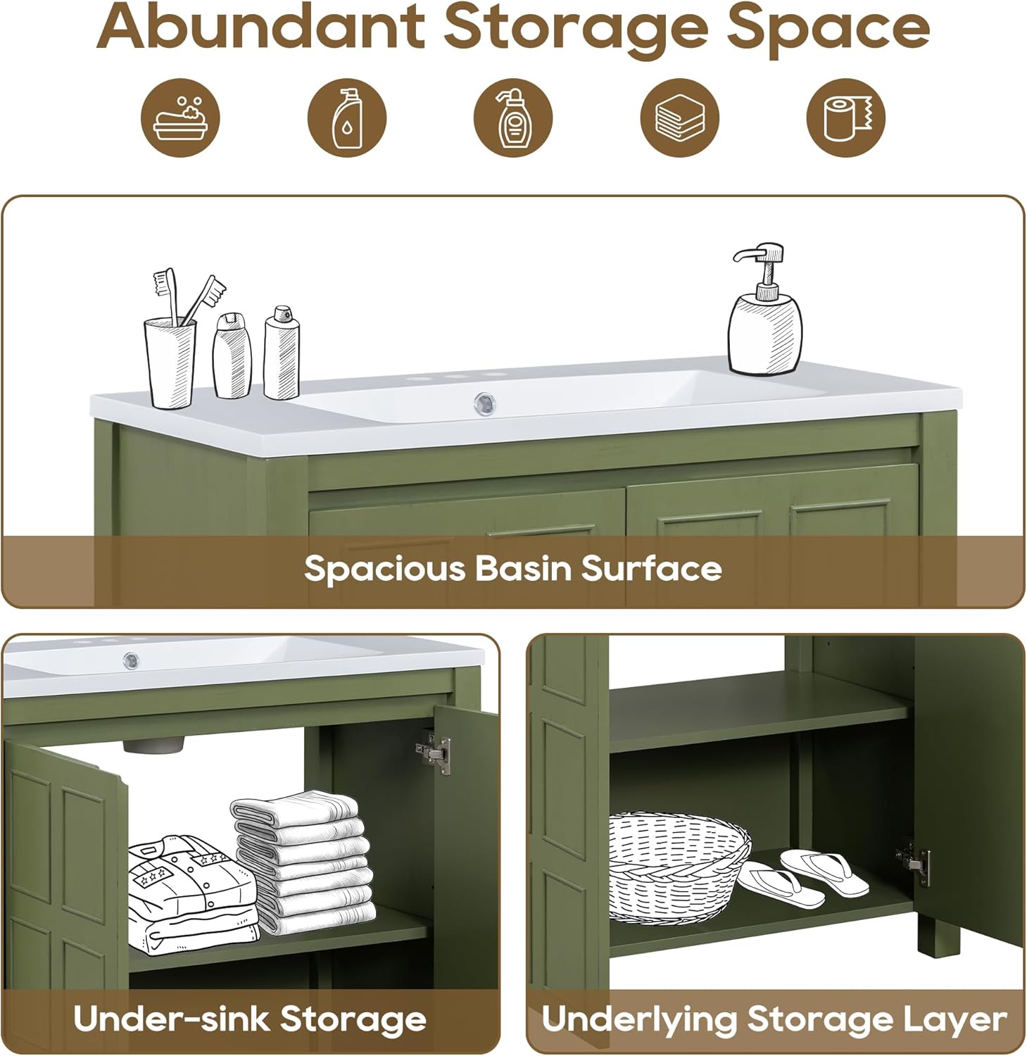 36" Bathroom Vanity Combo with Ceramic Sink,Pedestal Sink Cabinet with 2 Soft-Close Doors, SolidWood Bathroom Cabinet, Olive Green