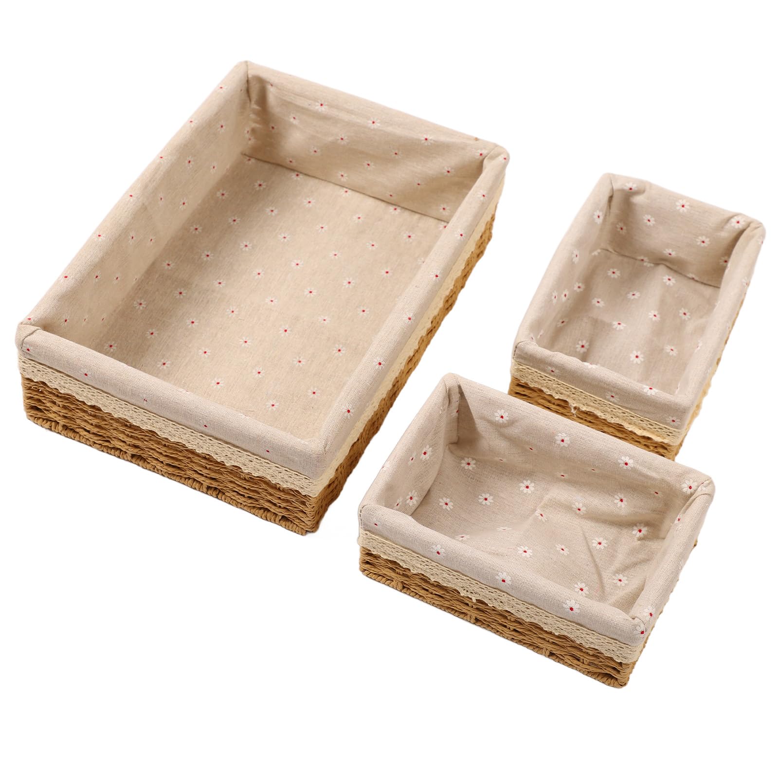 Set di 3 Cestini Portaoggetti Fatti a Mano, Cesto Portaoggetti Intrecciato a Mano, Cestino Portaoggetti in Paglia, Organizer Decorativo Per Desktop, Soggiorno, Camera da Letto, Organizzazione di Cesti