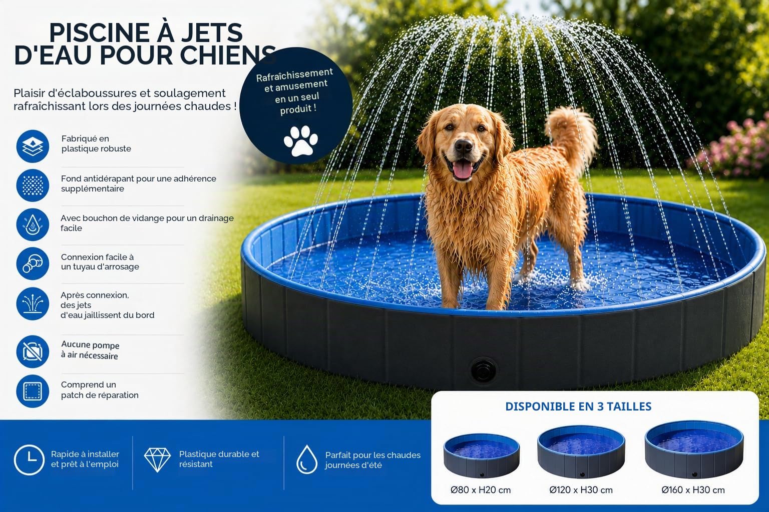 Piscine Chien - Piscine rafraîchissante Sprinkle Bleu et Gris foncé - Jets d'eau intégrés - raccord pour Tuyau d'arrosage - Fond antidérapant - sans Pompe - 80 x 20 cm - Flamingo
