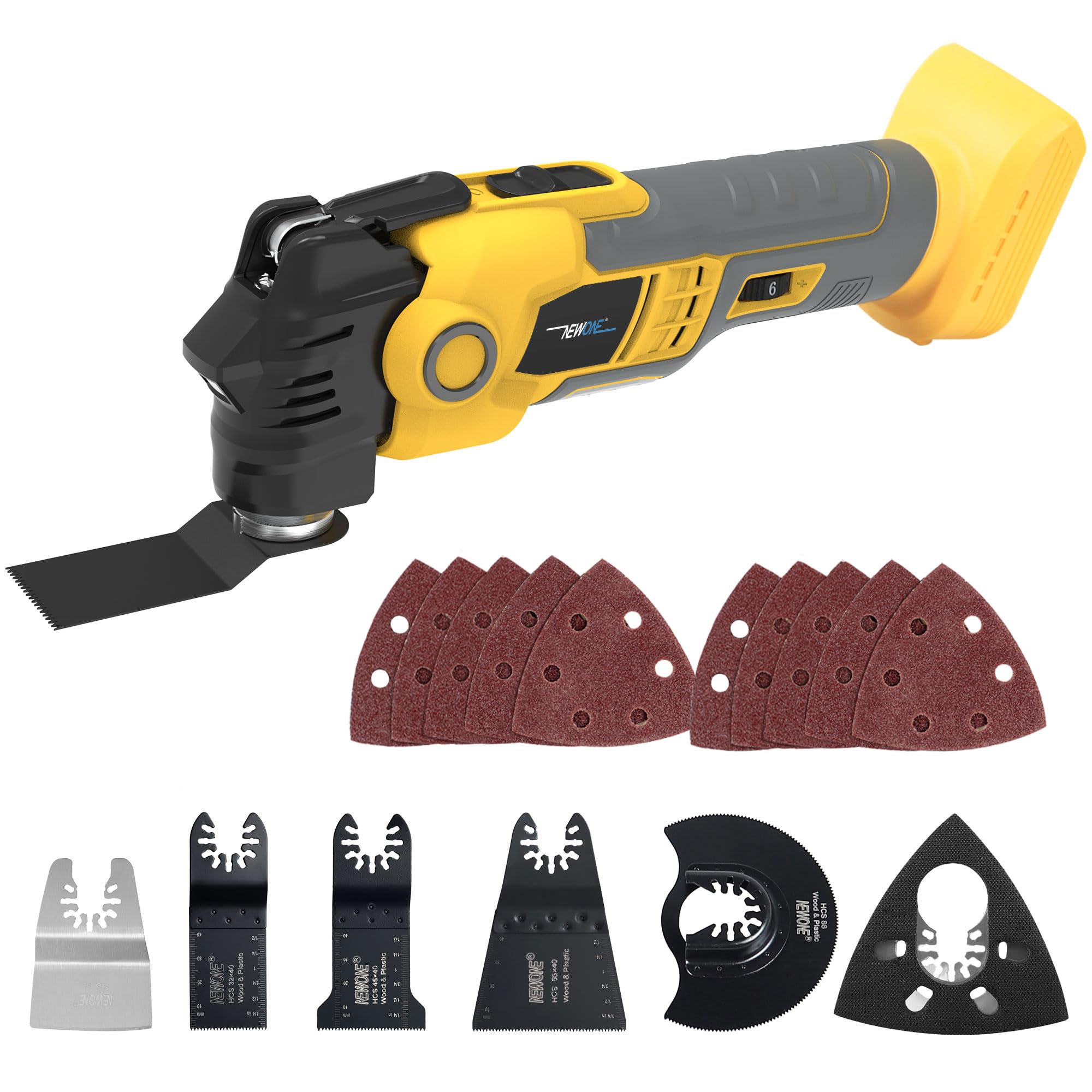 NEWONE Strumento oscillante antivibrante compatibile con batteria De-Walt da 20 V, kit multi-utensile oscillante antivibrante con angolo di oscillazione di 3,6°, 6 velocità variabile, lame multitool