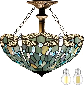 WERFACTORY Tiffany Ceiling Light Fixture Sea Blue Stained Glass Dragonfly Semi Flush Mount Lamp Wide 16 Inch Height 15 Inch Tiffany Ceiling Lamp S147 Series