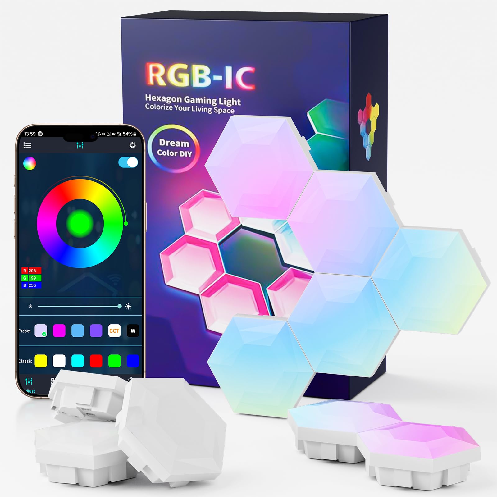 Panel LED para juegos hexagonal, 10 unidades, luz de pared inteligente LED con RGB-IC, sincronización de música, control de aplicaciones, iluminación de pared para sala y configuración de juegos