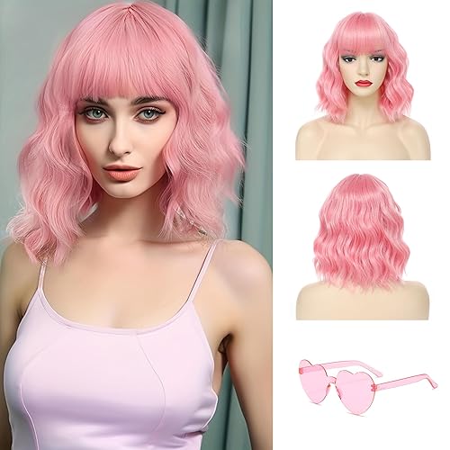 Short Pink Wavy Wigs with Bangs Pink Bob Wig for